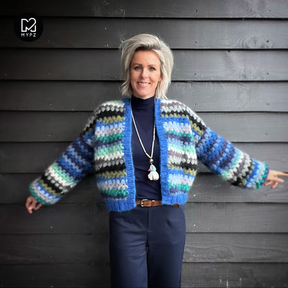 Crochet kit - MYPZ Short Mohair Granny stripes cardigan Jeans (ENG-NL)