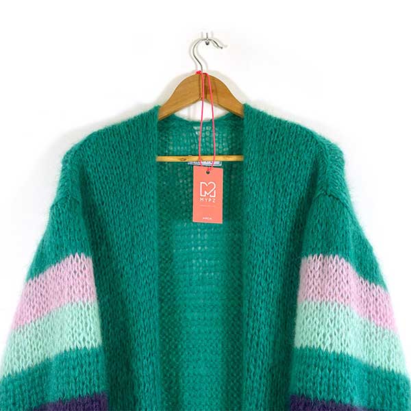 MYPZ knit pattern half long green mohair cardigan SM-ML-LXL