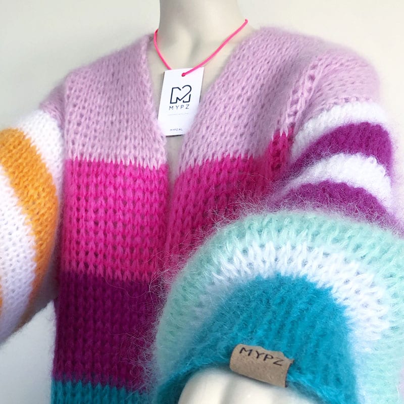 pink green striped mohair cardigan